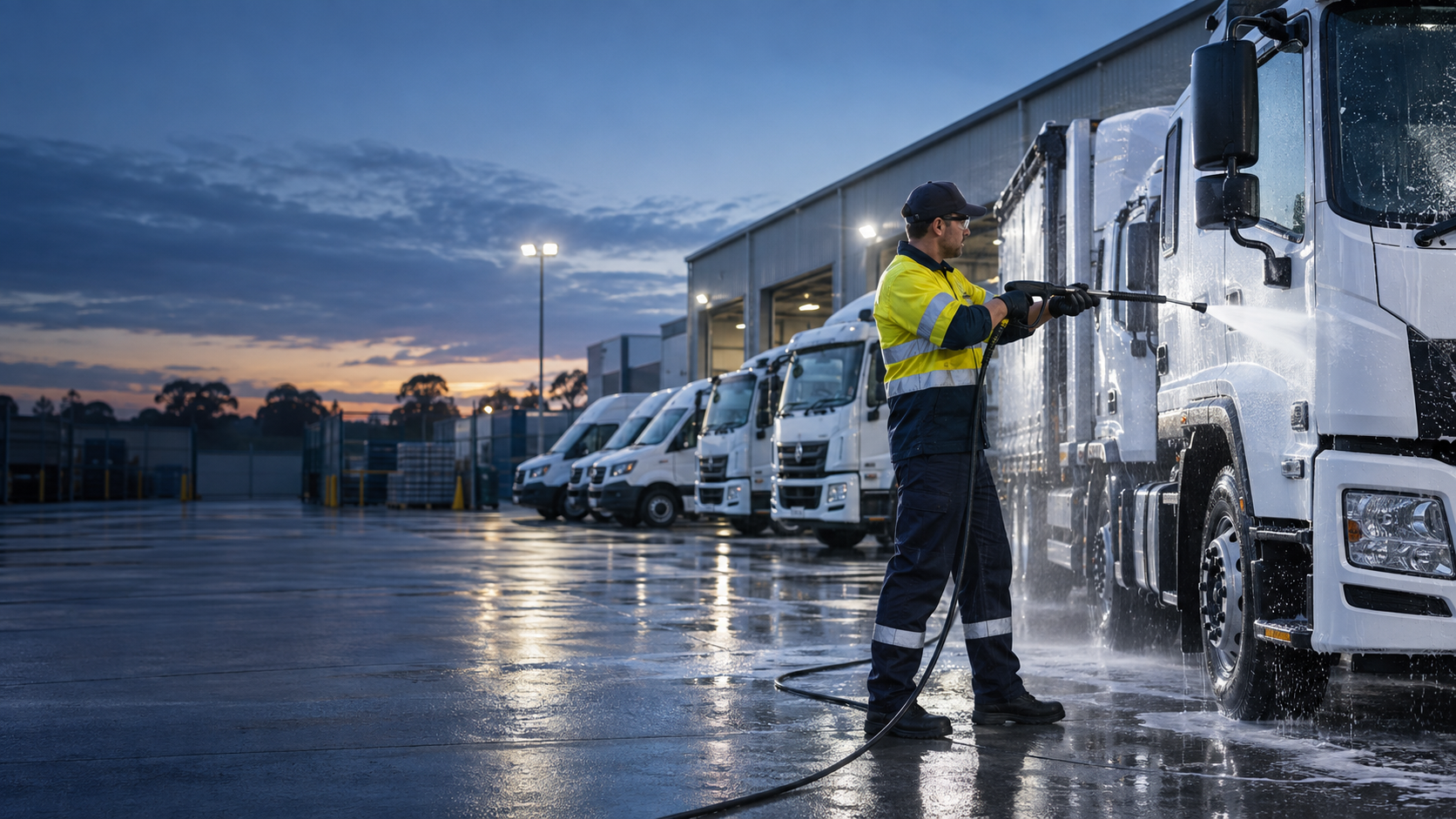 Mobile fleet washing technician cleaning commercial trucks at a depot