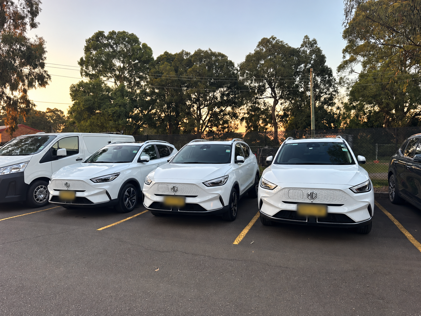 Clean white car fleet with plates obscured