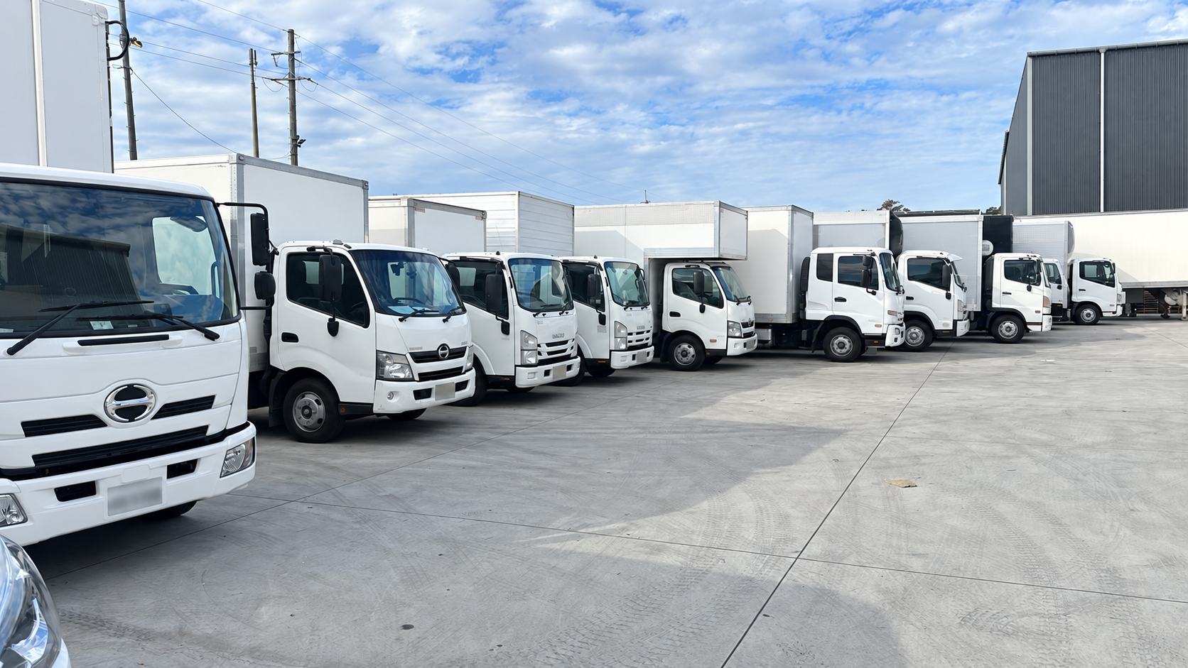 Clean white commercial truck fleet with plates obscured